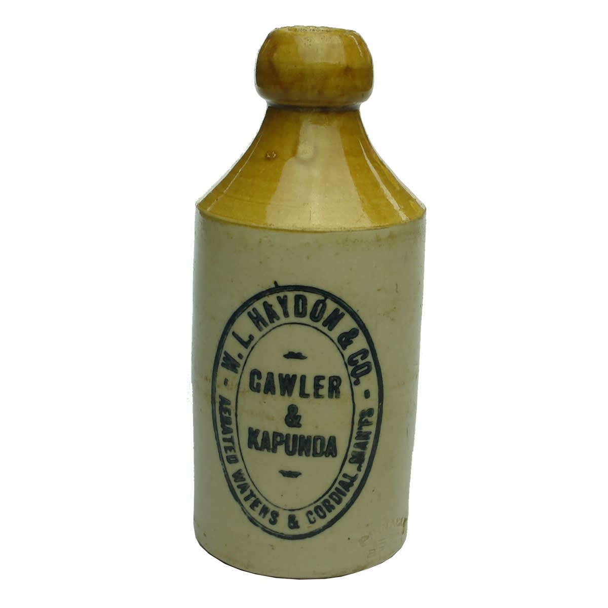 Ginger Beer. W. L. Haydon & Co, Gawler & Kapunda. Dump. Tan Top. Cork Stopper. Pinnacle Brand. (South Australia)