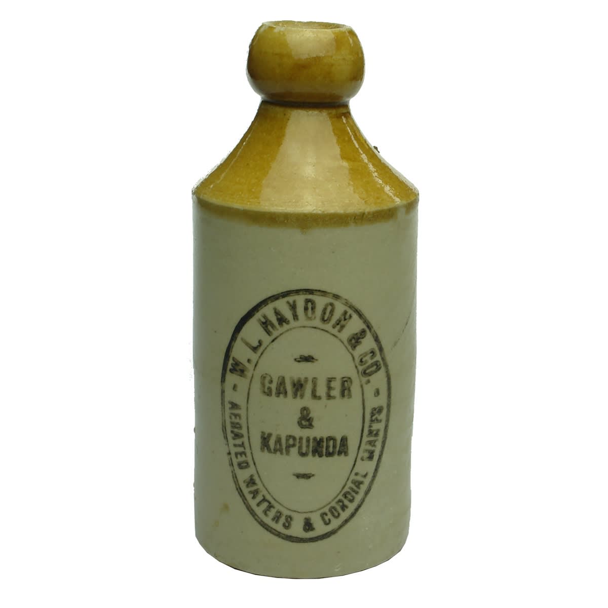 Ginger Beer. W. L. Haydon & Co, Gawler & Kapunda. Dump. Tan Top. Cork Stopper. Bendigo Pottery. (South Australia)