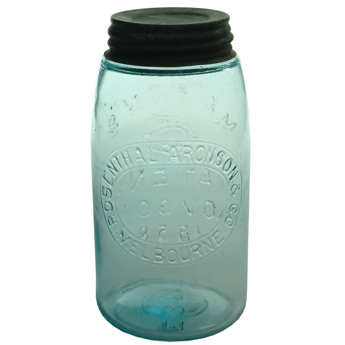 Fruit Jar. Rosenthal Aronson & Co., Melbourne. Mason's Patent 1858. Quart. Blue Aqua. (Victoria)