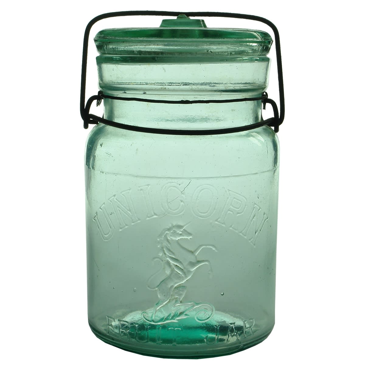 Preserving Jar. Unicorn Fruit Jar. Aqua. Quart. (South Australia)