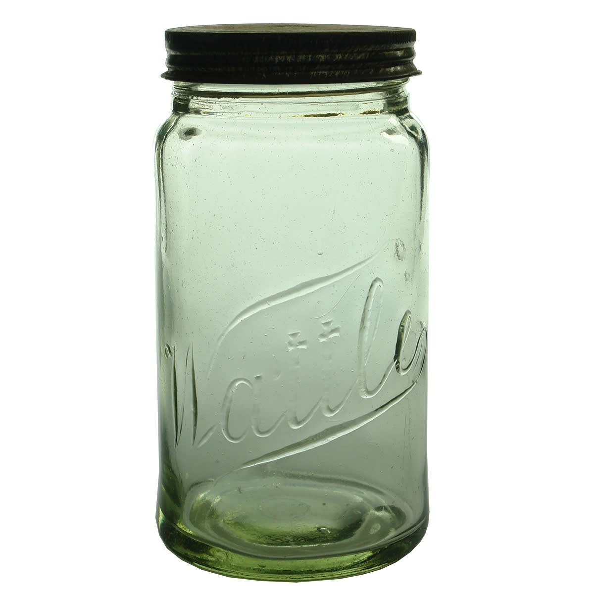 Fruit Jar. Wattle. Script embossing. Yellow-Green Aqua. Quart. (Australia)