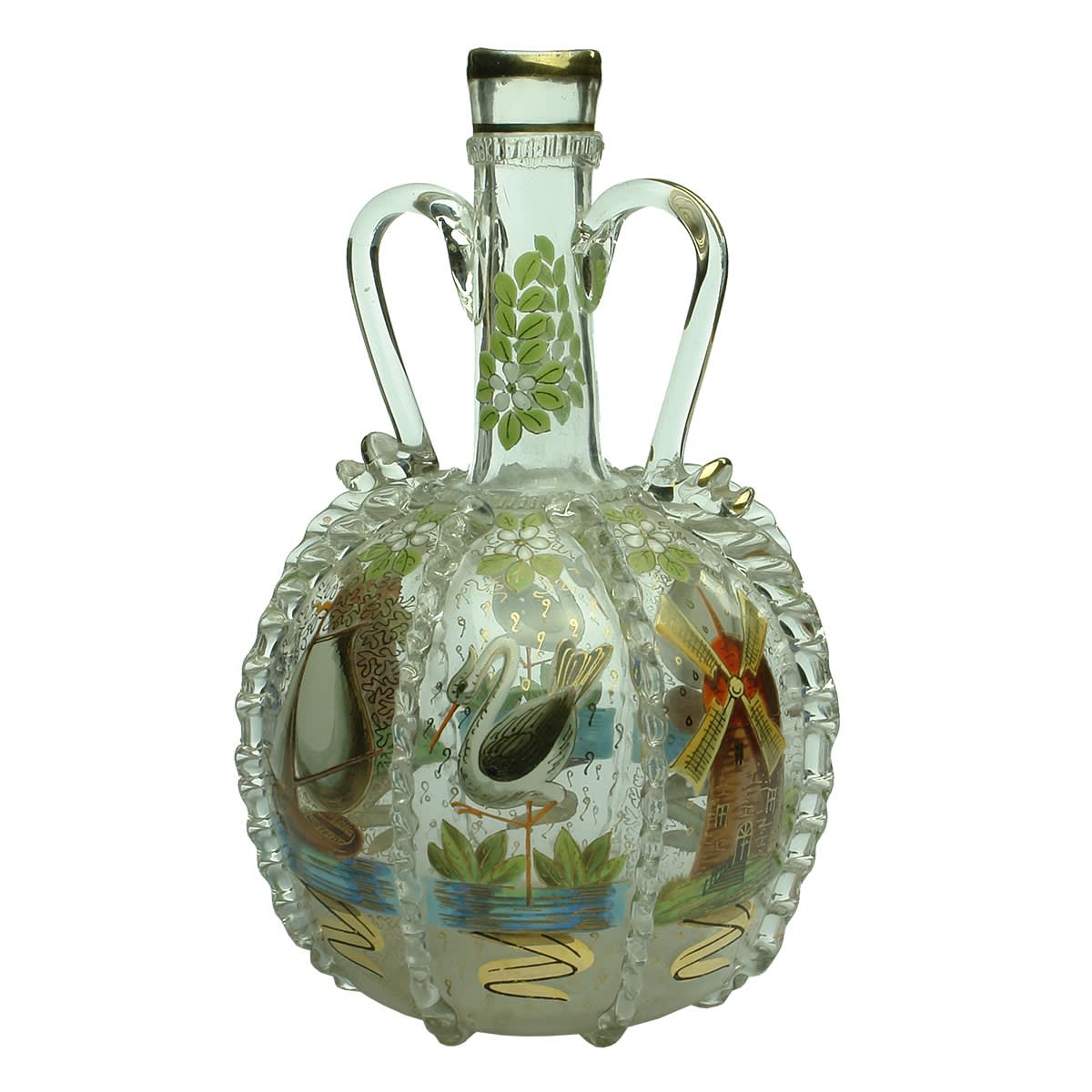 Wine. 2 handled enamel painted wine carafe with pontil and rigaree.