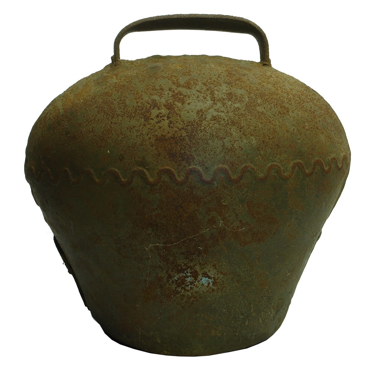 Miscellaneous. Large brass cow bell with wavy line around bulbous body.