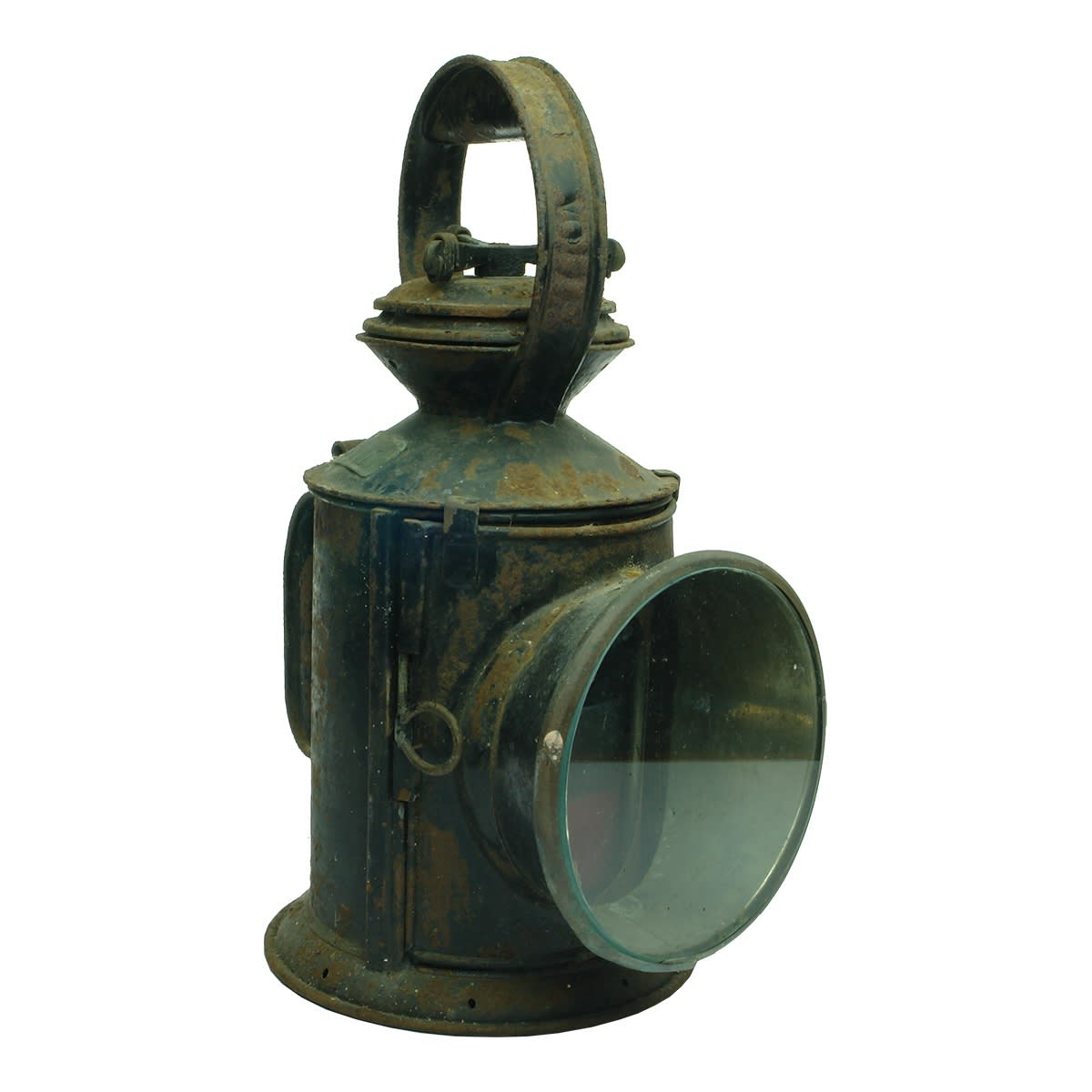 Railways Lamp. Handled lamp. SYD on two small brass plates. Different coloured glasses can be twisted into place.