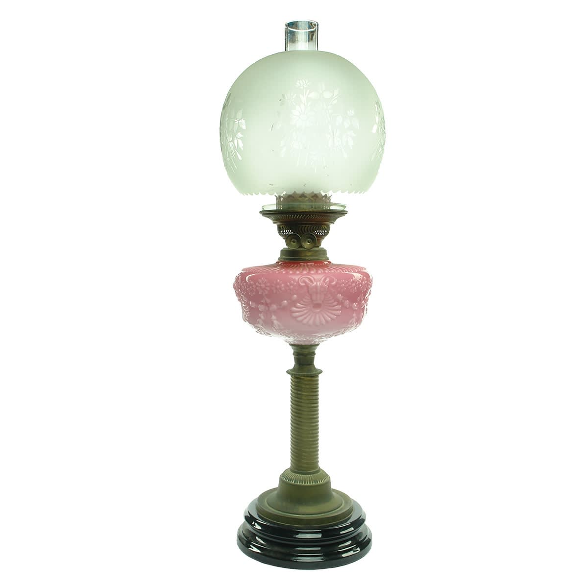 Wonderful Table Lamp. Heavy base, brass column, pink milk glass bowl. Etched decorative shade with a floral pattern