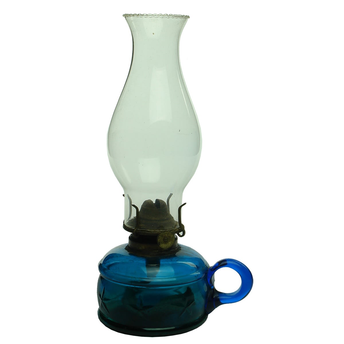 Turquoise blue finger lamp with burner and chimney. Star pattern all around lamp.