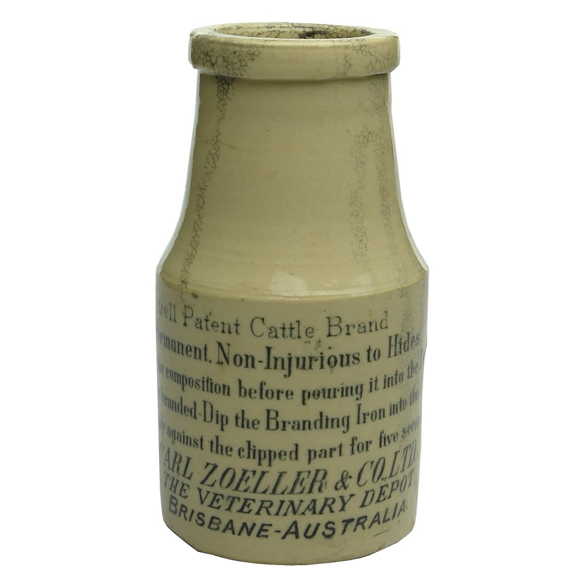 Stoneware Jar. Carl Zoeller & Co Brisbane. Veterinary Depot. Cattle Brand. (Queensland)