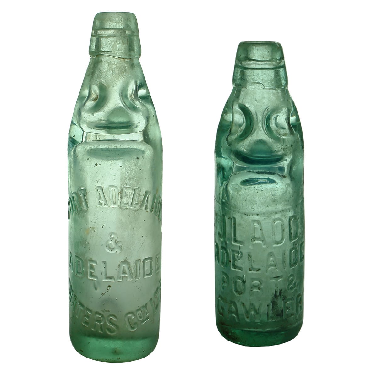 2 Adelaide Codds: Port Adelaide & Adelaide Waters Co (10 oz) and J. Ladd, Adelaide Port & Gawler (6 oz) (South Australia)