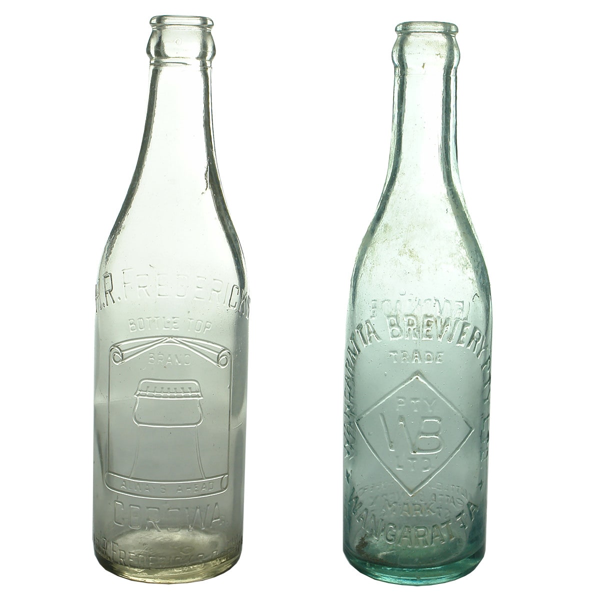 2 Crown Seals: Fredericks, Corowa and Wangaratta Brewery. Clear & Aqua. (New South Wales & Victoria)