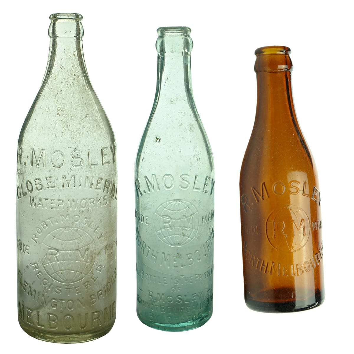 3 Crown Seals from R. Mosley, North Melbourne. 24 oz aqua, 10 oz aqua and 6 oz amber.  (Victoria)