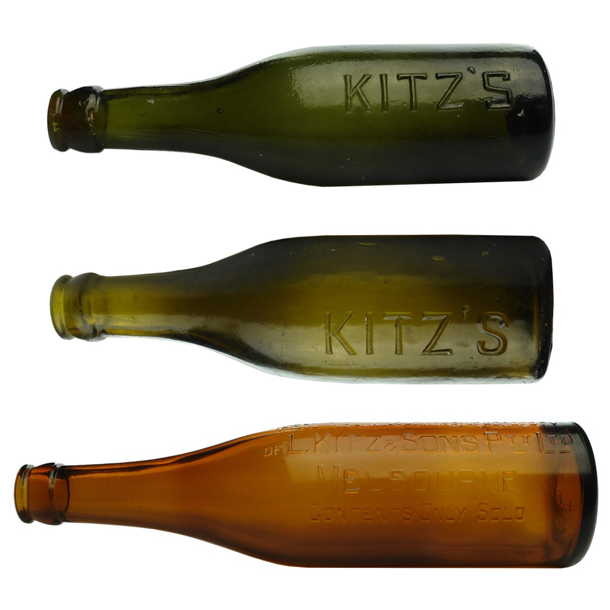 3 Kitz Bottles. 12 oz Amber and 2 x different green 6 oz. (Victoria)