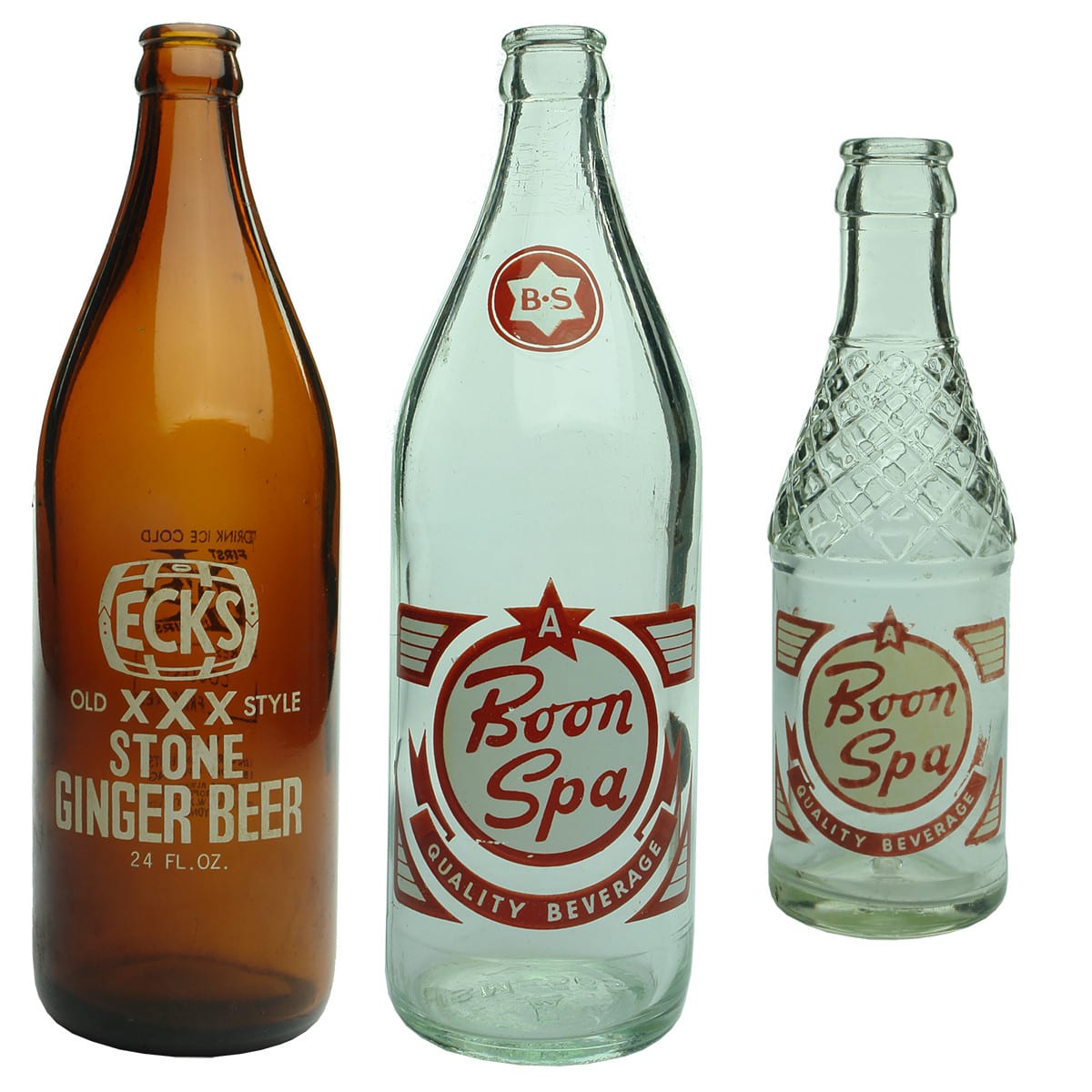 3 Ceramic Label Crown Seals: ECKS Ginger Beer; 2 x different Boon Spa Pty Ltd Melbourne. (Victoria & New South Wales)