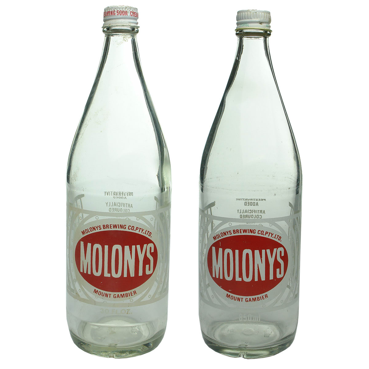 2 Screw top Ceramic Labels: Both Molonys Brewing Co Pty Ltd Mount Gambier. 30 oz and 850 ml. (South Australia)