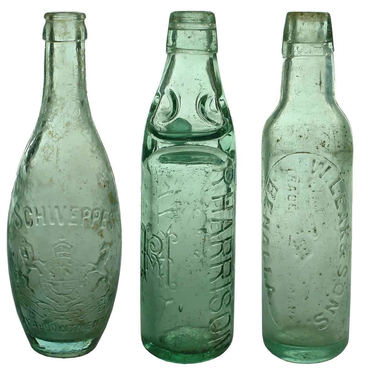 3 Aerated Waters. Schweppes 10 oz Crown Seal Skittle; R. Harrison, Fitzroy 10 oz Dobson codd; W. Leak & Sons, Benalla 10 oz Kilner made lamont. (Victoria)