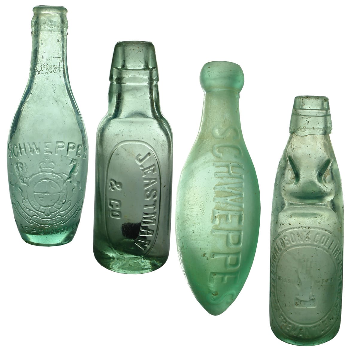 4 Bottles. 1. Schweppes crown seal skittle. 6 oz. 2. J. Eastman & Co. Lamont. 6 oz. 3. Schweppes Torpedo. 6 oz. 4. Donaldson & Collins Ltd., Perth, Fremantle, Northam. Kilner Bros. Niagara. Aqua. 6 oz.