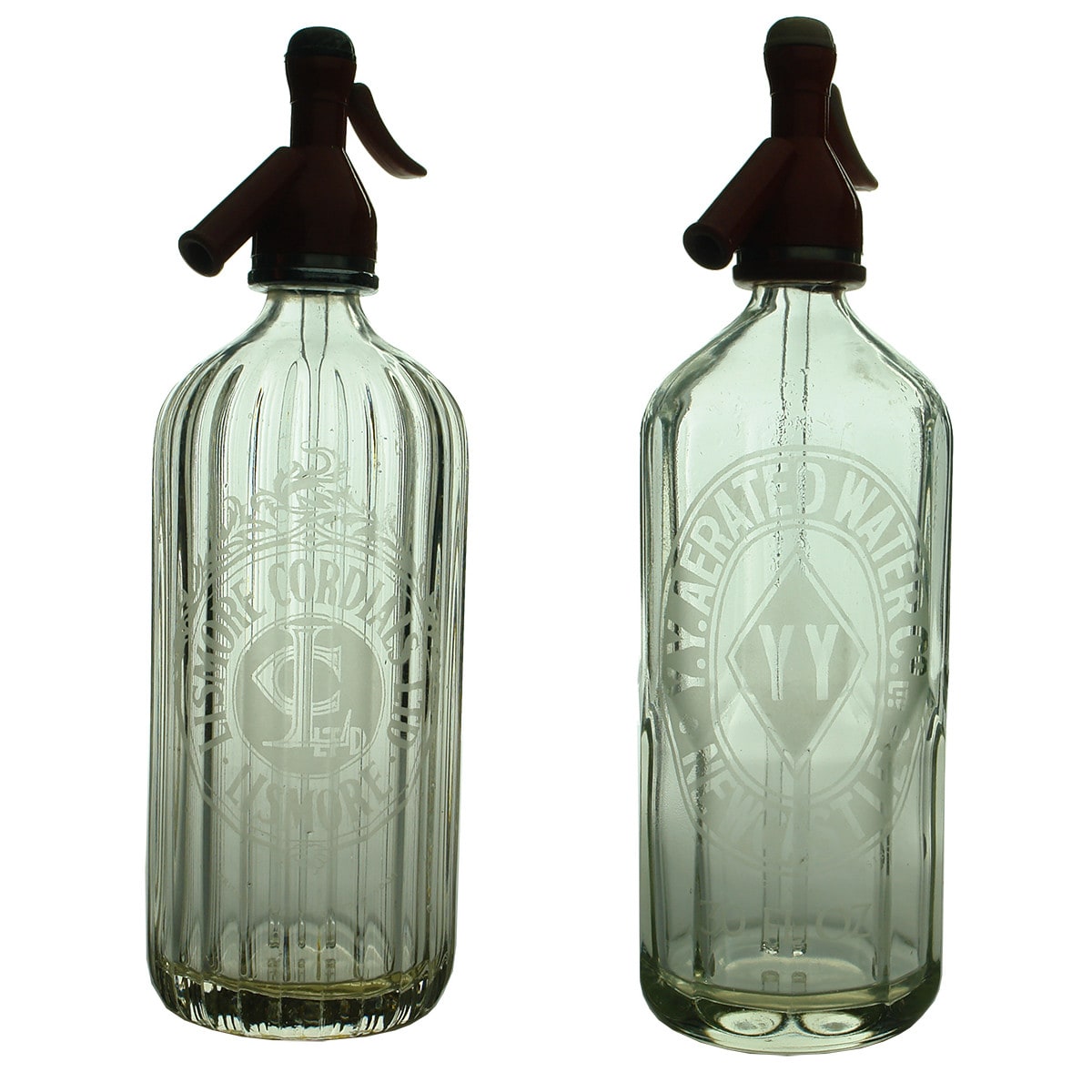 2 Soda Syphons. Lismore Cordials Ltd, Pall Mall shape; YY Aerated Water Co Newcastle, St James shape. (New South Wales)