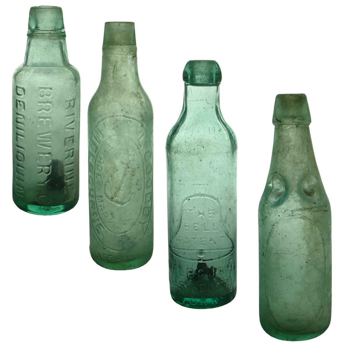 4 Bullet stoppered Aerated Waters: Riverine Brewery Deniliquin lamont; L. Gooddy Melbourne; Bell Patent; Turner Patent.