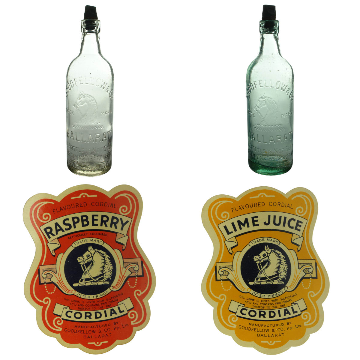 4 Items: 2 Internal Threads. Goodfellow & Co., Ballarat. Horse Head. Machine made. Clear & Aqua. 2 Goodfellow & Co Cordial Labels. (Victoria)