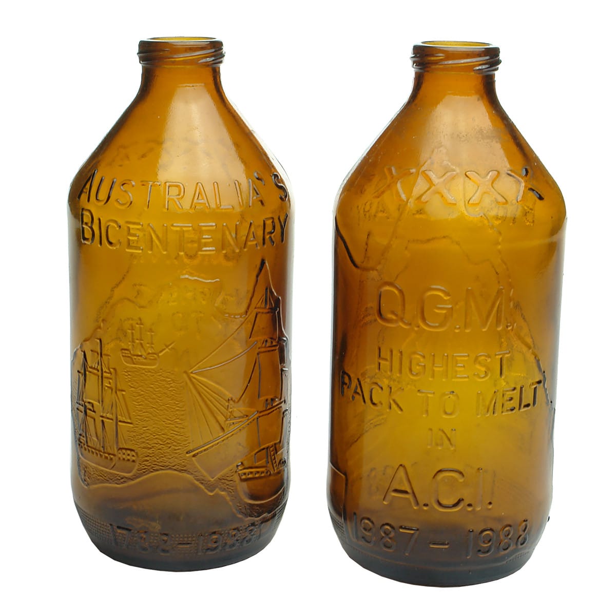 2 Commemorative Stubbies: Australia's Bicentenary. QGM Highest Pack to Melt. 1987-88. XXXX. (Queensland)