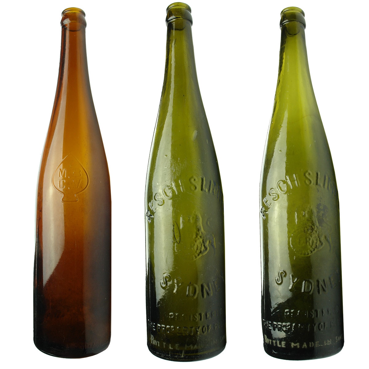 3 tall Pilsener type Crown Seal Beers: MBCV in Spade at Shoulder and 2 x Resch's Limited Sydney both Bottle Made in Sweden sandblasted near base.