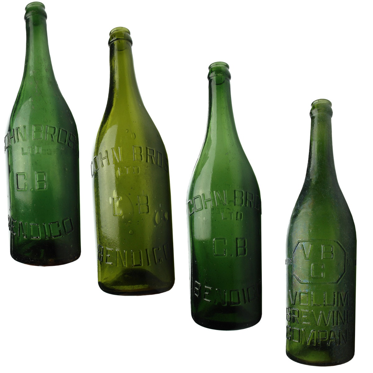 4 Green Crown Seal Beer Bottles: 3 x Cohn Bros Ltd, Bendigo; 1 x Volum Brewing Company, Geelong. (Victoria)