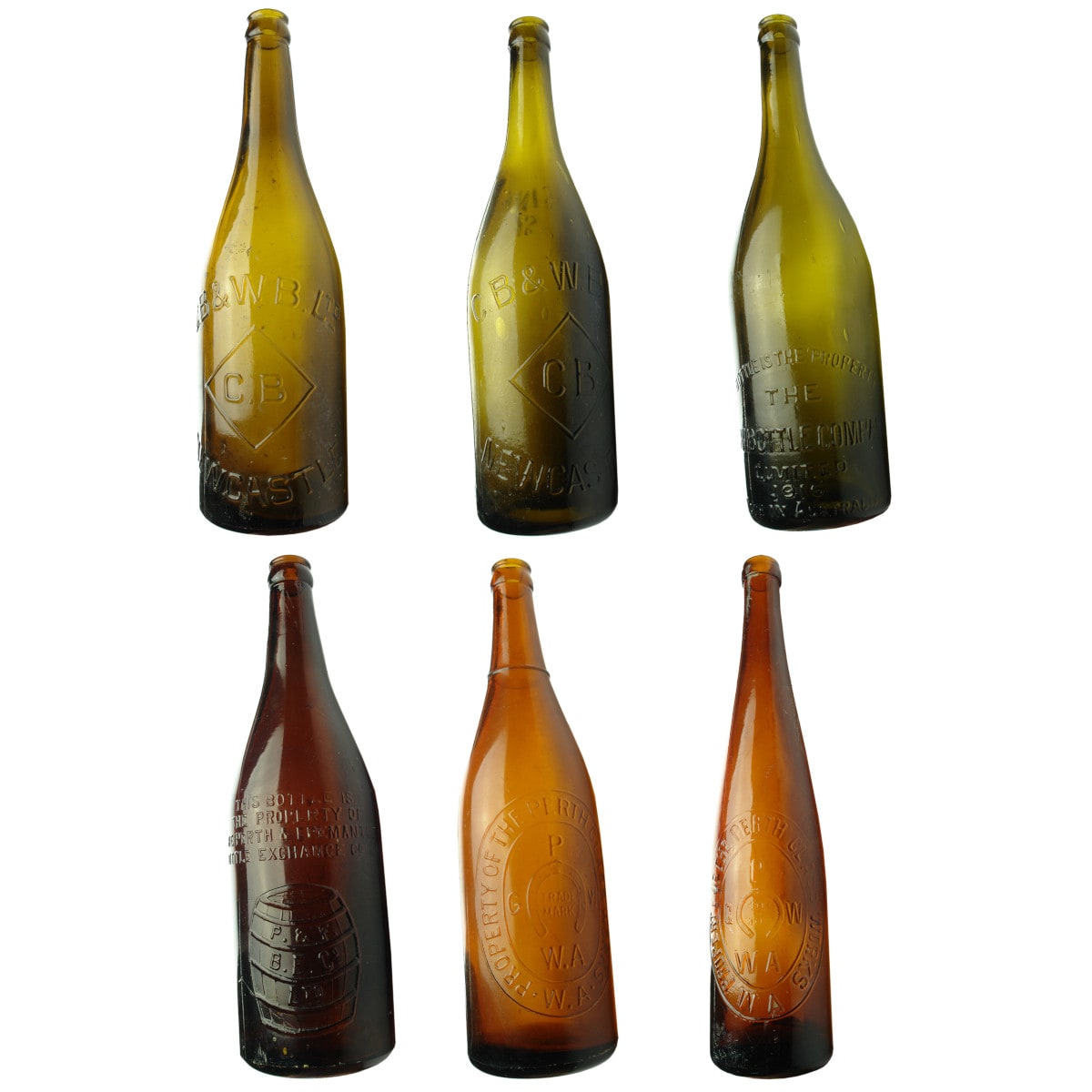 6 Beer Bottles: 2 CB & WB Newcastle; NSW Bottle Co; Perth & Fremantle BECO; Perth Glass Works (including the tall ring seal).