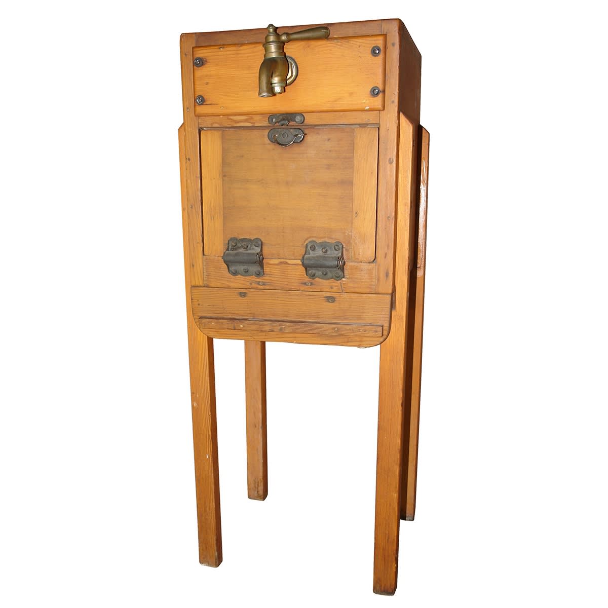 Huon Pine(?) Cold drink dispenser. Tall stand with lined ice box that has a coiled pipe inside. Too big for post, winning bidder will have to make arrangements for collection.