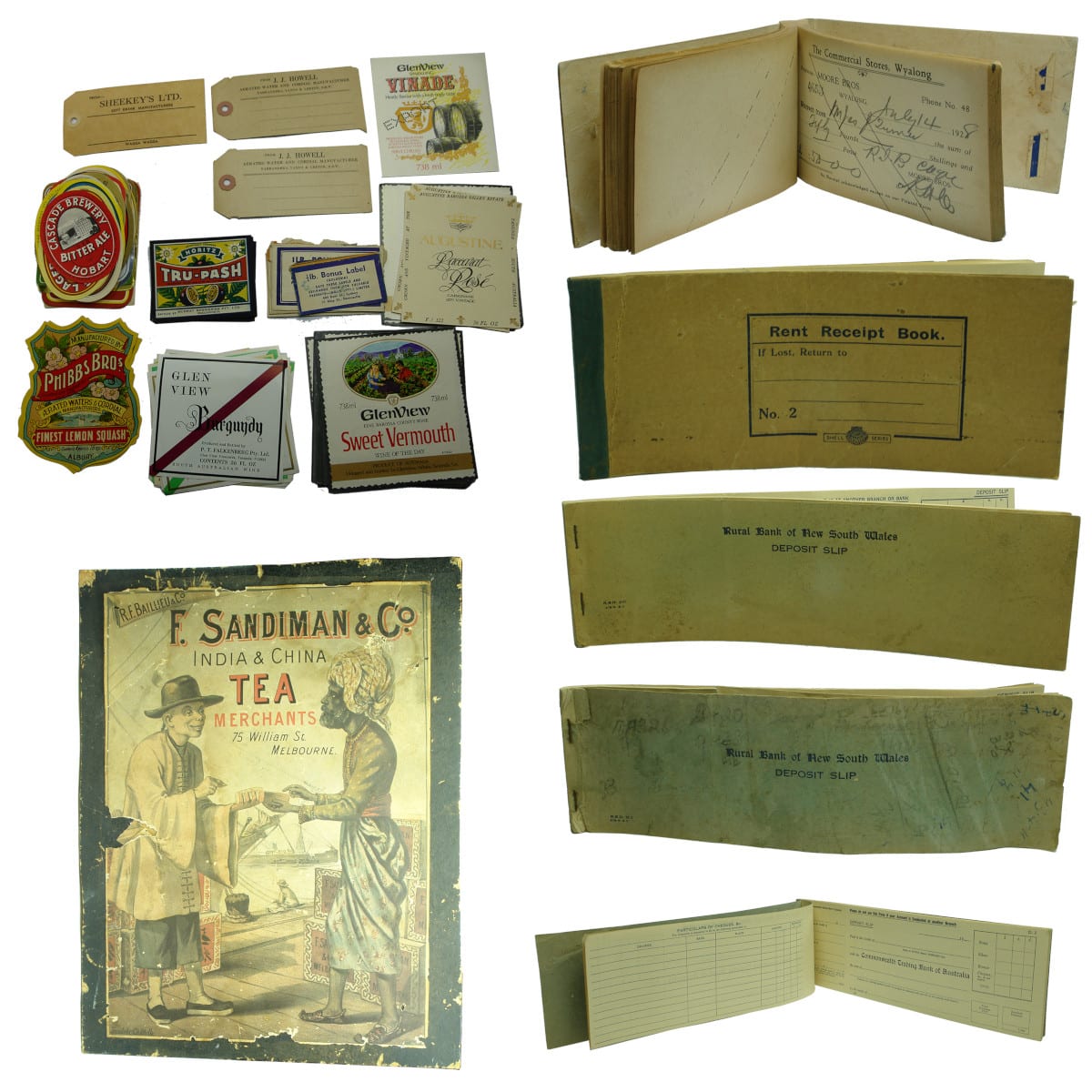 Ephemera: Big Lot of Labels, Tags etc: Sheekeys, Howell, Leeton, Phibbs, Wines, Beers. 5 Deposit & Receipt Books West Wyalong; Commonwealth Bank; Repro Poster Sandiman Tea.