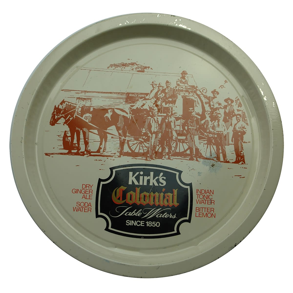 Serving Tray. Kirk's Colonial Table Waters. Since 1850. Stagecoach scene. (Queensland)