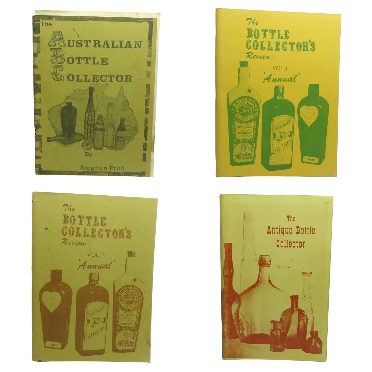 4 Books: Australian Bottle Collector, Proh; 1st & 2nd Annual Bottle Collectors Review; Antique Bottle Collector, Kendrick.