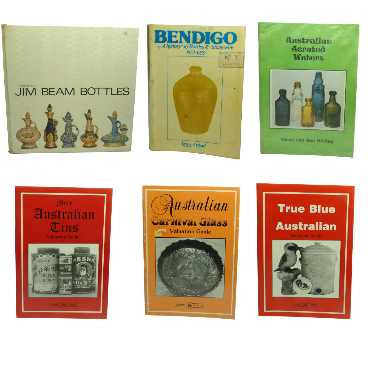 6 Collecting Books: Jim Beam; Bendigo; Australian Aerated Waters; Tins; Carnival Glass; True Blue.