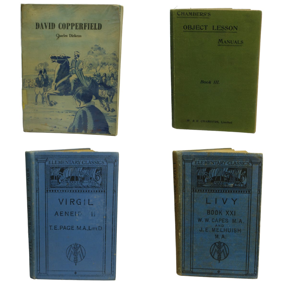 4 Early books: David Copperfield, Dickens; Chambers Object Lesson Manuals; 2 Elementrary Classics: Virgil Aeneid and Livy