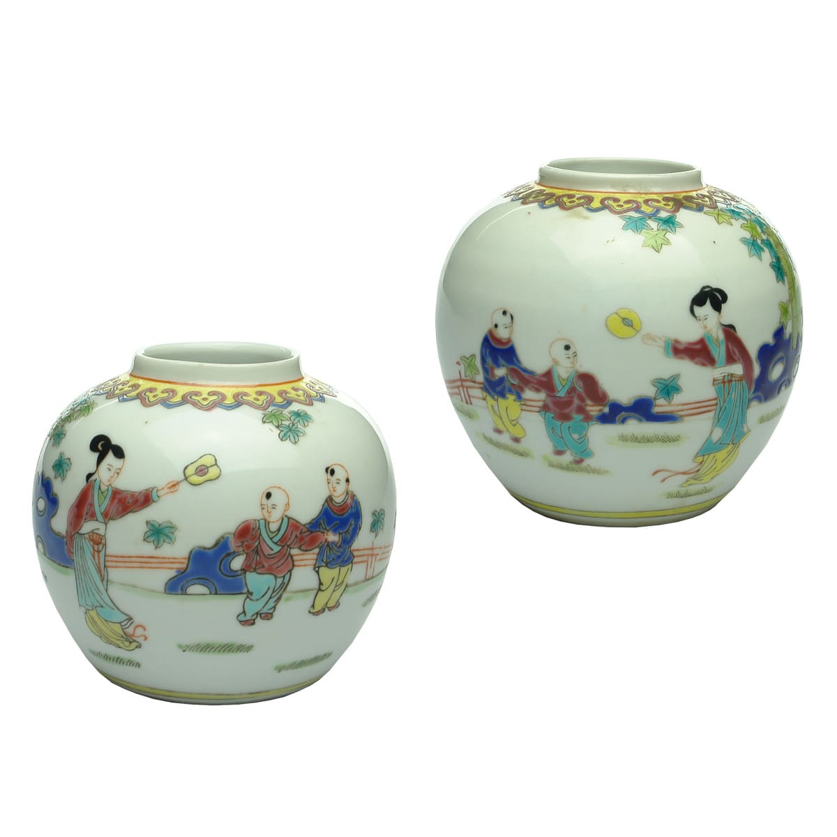 2 Ginger Jars. Same scene in reverse of Woman waving something at two men. Made in China and Chinese Characters on bases.