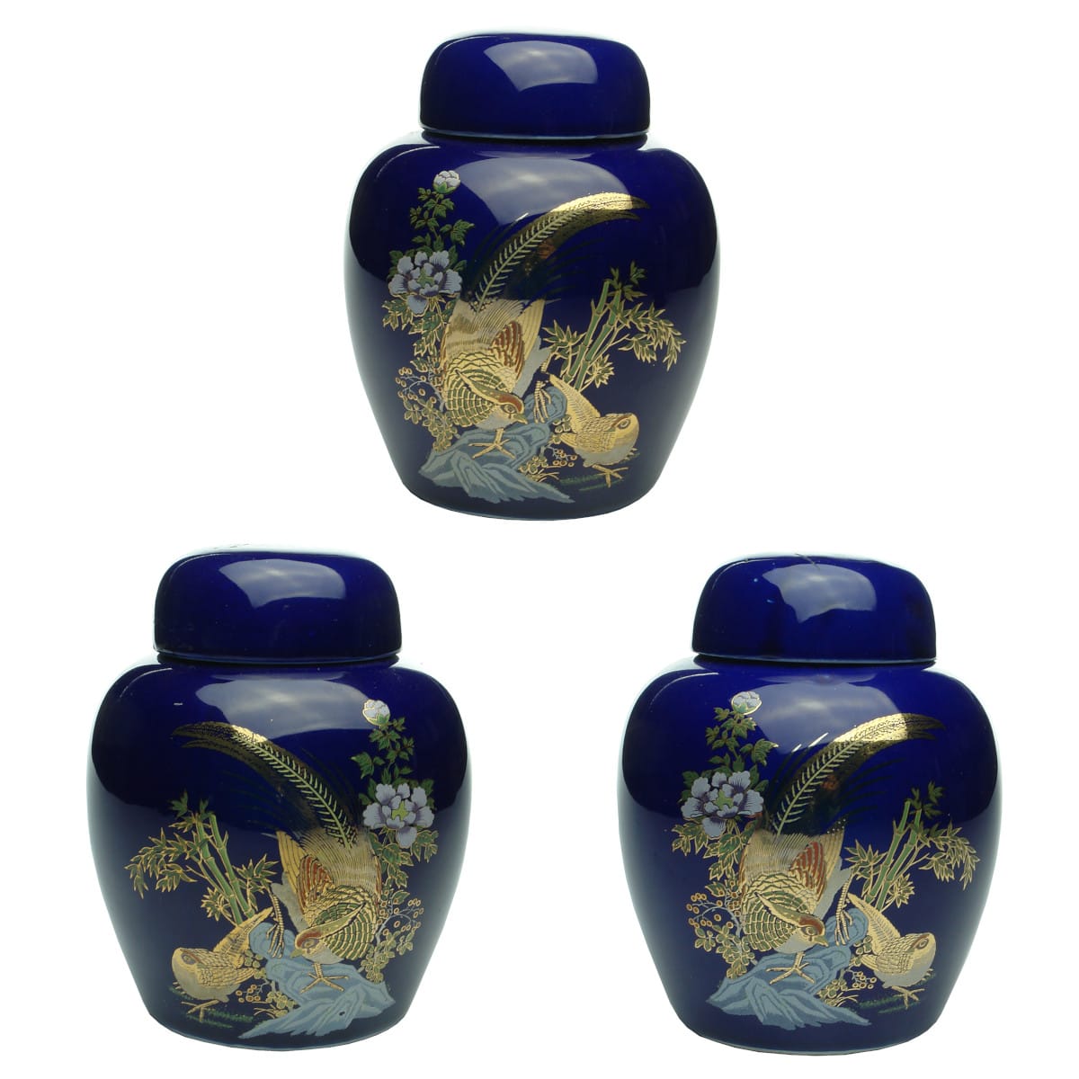 3 large blue decorative ginger jars. Birds & floral designs. With lids. Made in Taiwan.