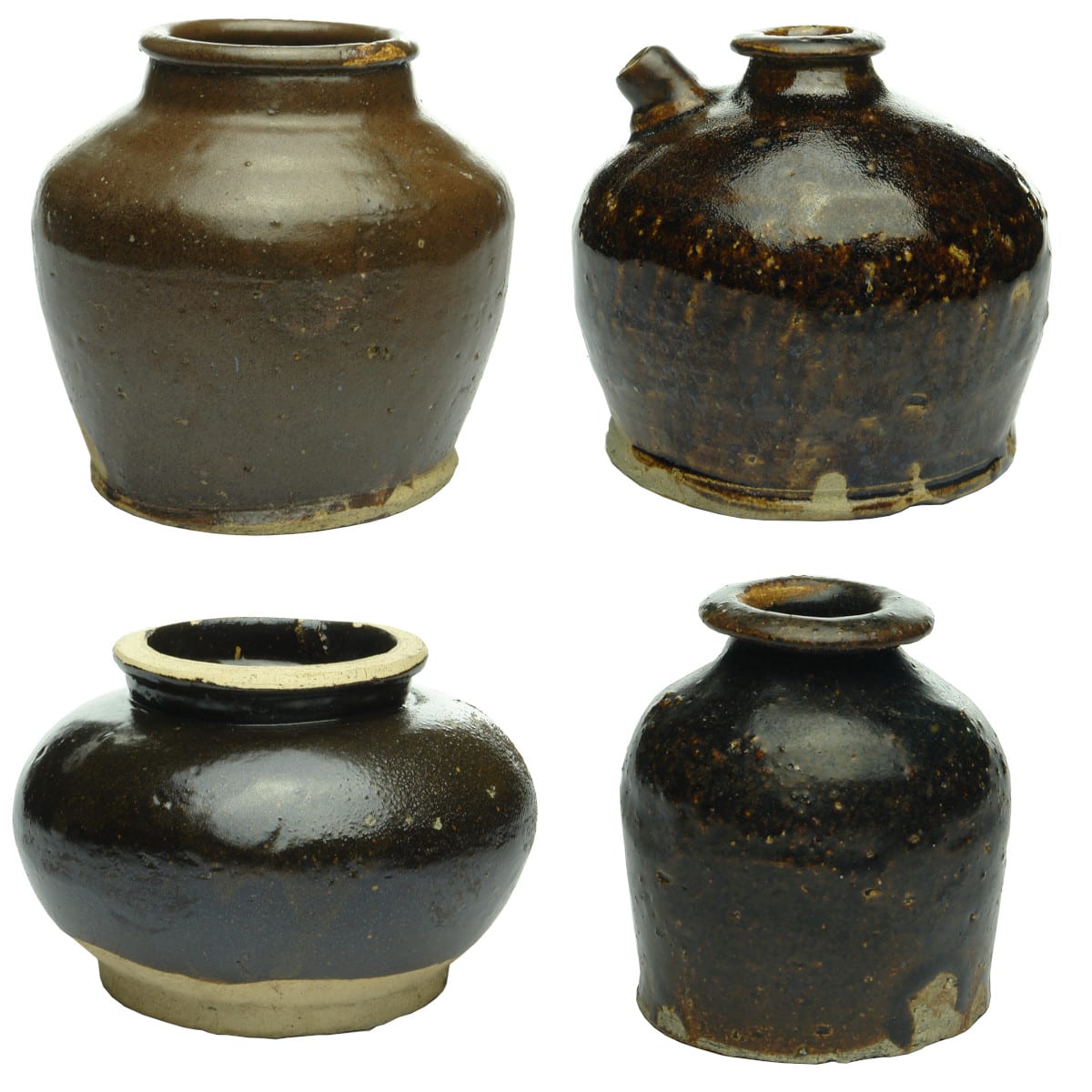 4 Pieces of Brown Glazed Chinese Pottery. Bean Jar; Soy Sauce; Squat Food jar and a small spice or condiment jar.