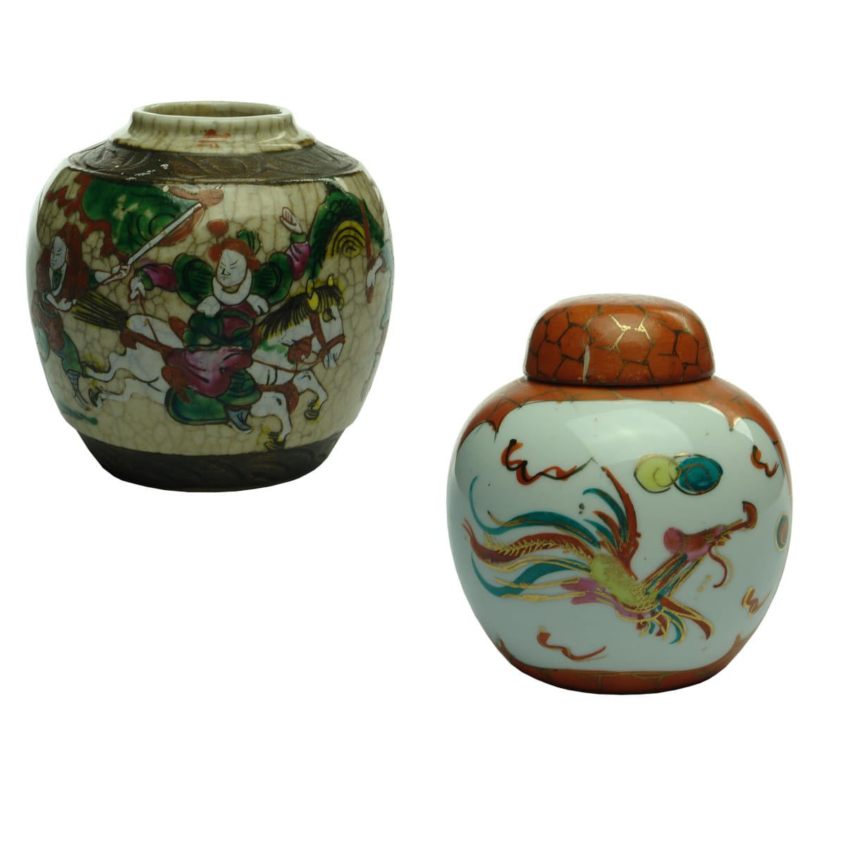 2 Fancy Chinese Ginger Jars: Nanking with warriors (on horses). Chengua Nian Zhi and Dragon Ginger Jar.