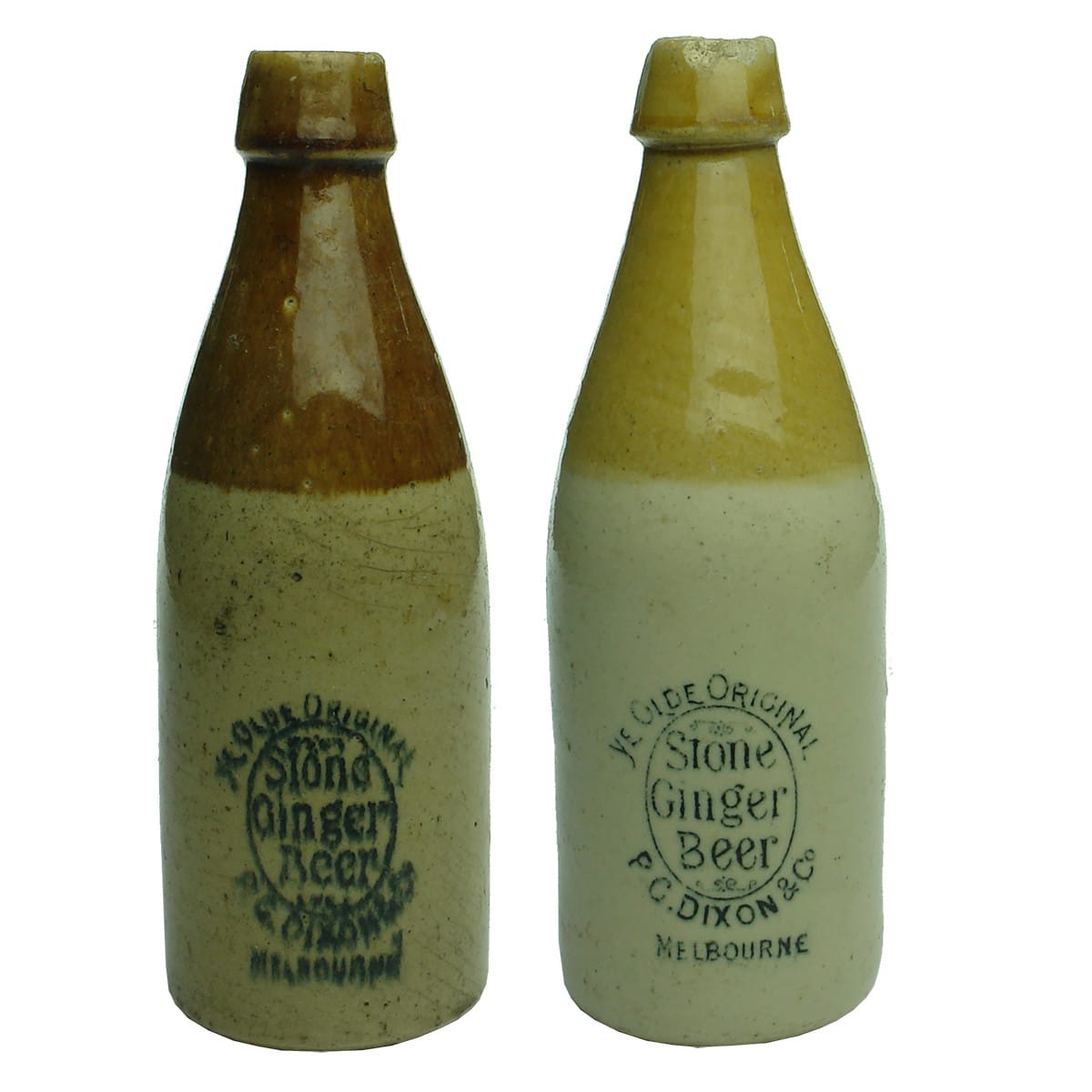 2 Ginger Beers. Different P. G. Dixon & Co, Melbourne. Hoffman Pottery and Bendigo Pottery. (Victoria)