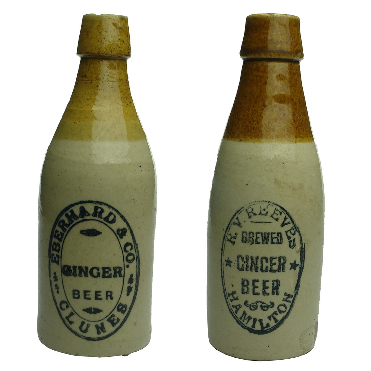 2 Ginger Beers: Eberhard & Co., Clunes; R. V. Reeves, Hamilton. Bendigo Pottery. (Victoria)