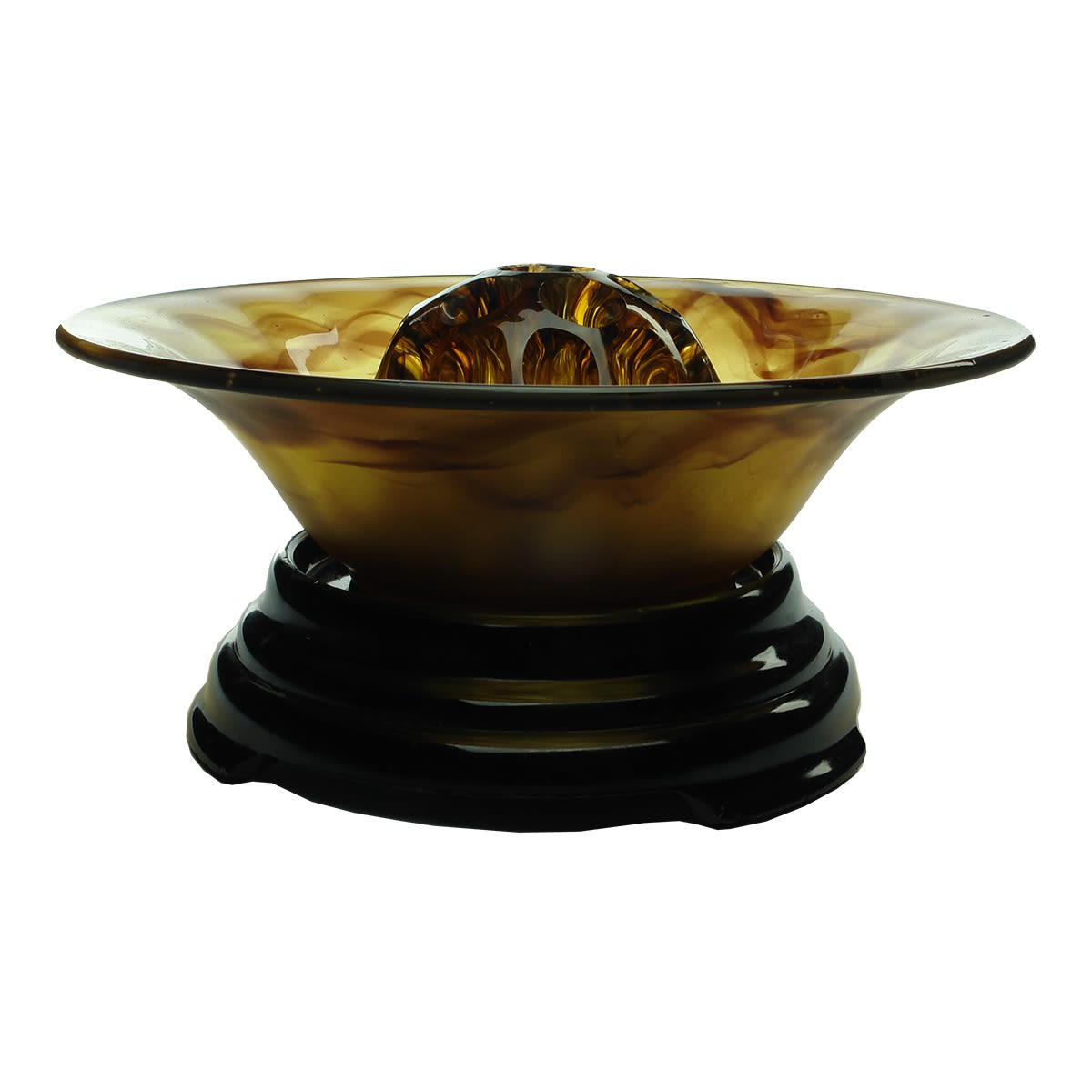 Amber cloud glass bowl with flower block. Dark glass plinth. 3 pieces. W to base of bowl.