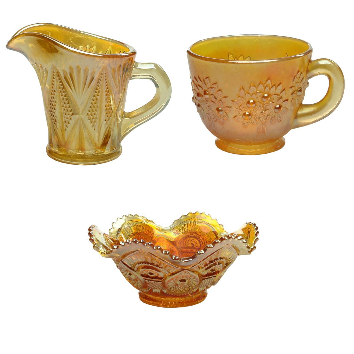 3 Marigold Carnival Glass Pieces: Cream Jug; Punch Cup and Bowl.