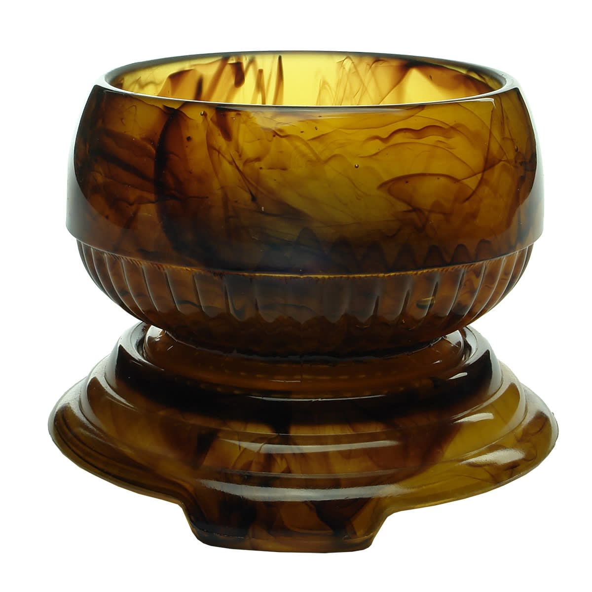 Three piece amber cloud glass flower set. Plinth, small round bowl and flower block.