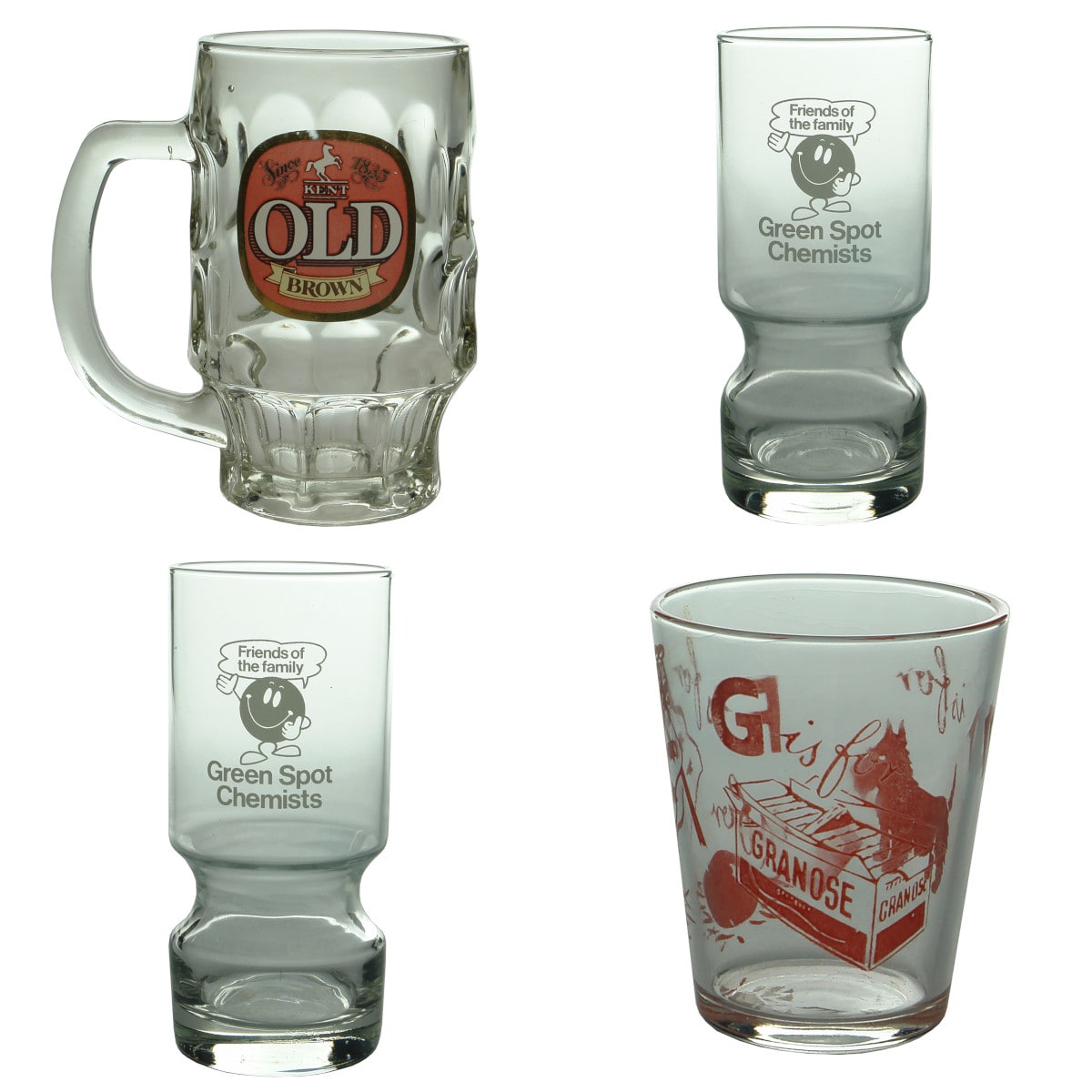 4 printed Glasses: Kent Old Brown since 1835; 2 x Green Spot Chemists; Granose alphabet glass.