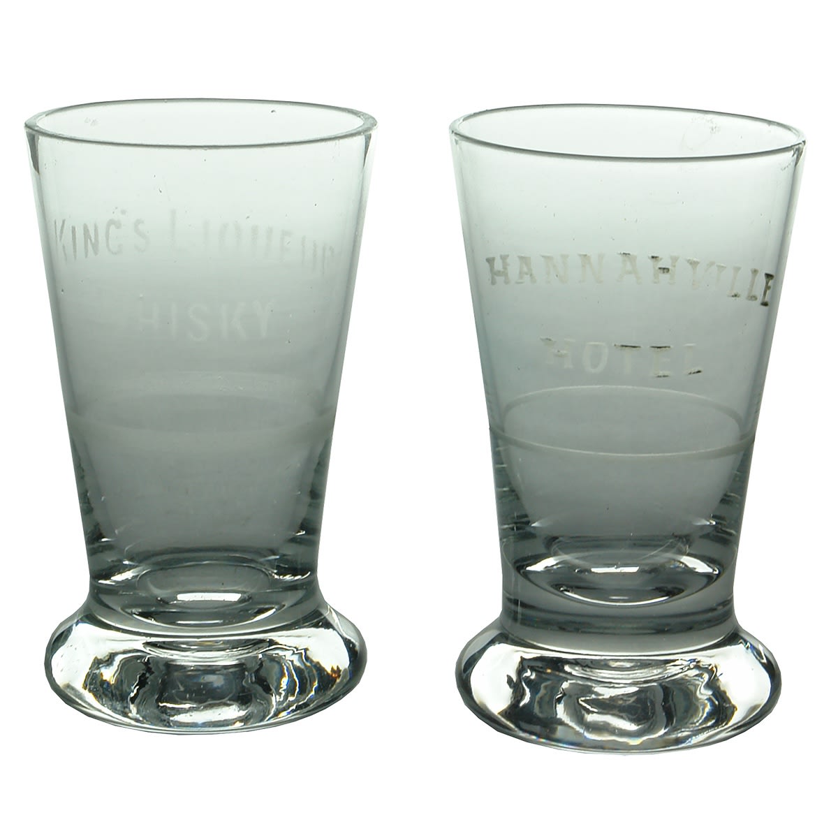 2 small advertising Whisky glasses: Hannahville Hotel (Port Augusta) and King's Liqueur Whisky. (South Australia)