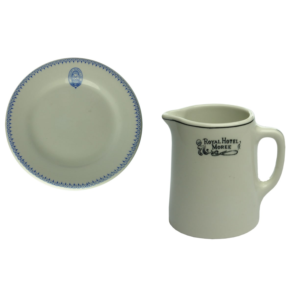 2 Pieces of Hotelware/Shipping ware. 1. Huddart Parker Line, Small Dish with Blue Print. 2. Royal Hotel, Moree Cream Jug.