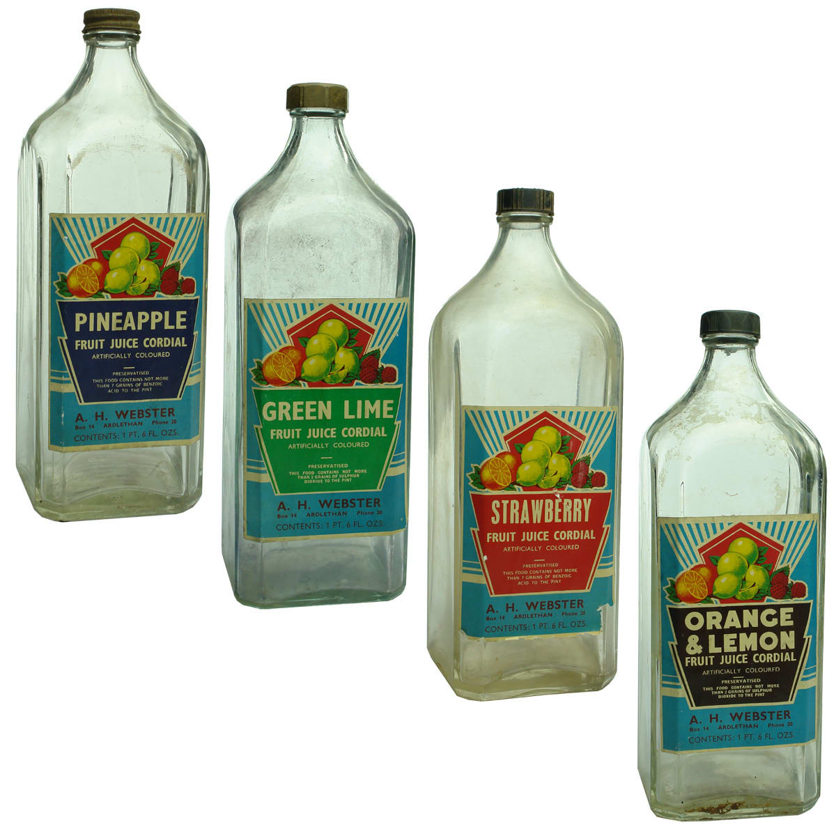 4 large square screw top bottles. Labels from A. H. Webster, Ardlethan. Cordial. (New South Wales)