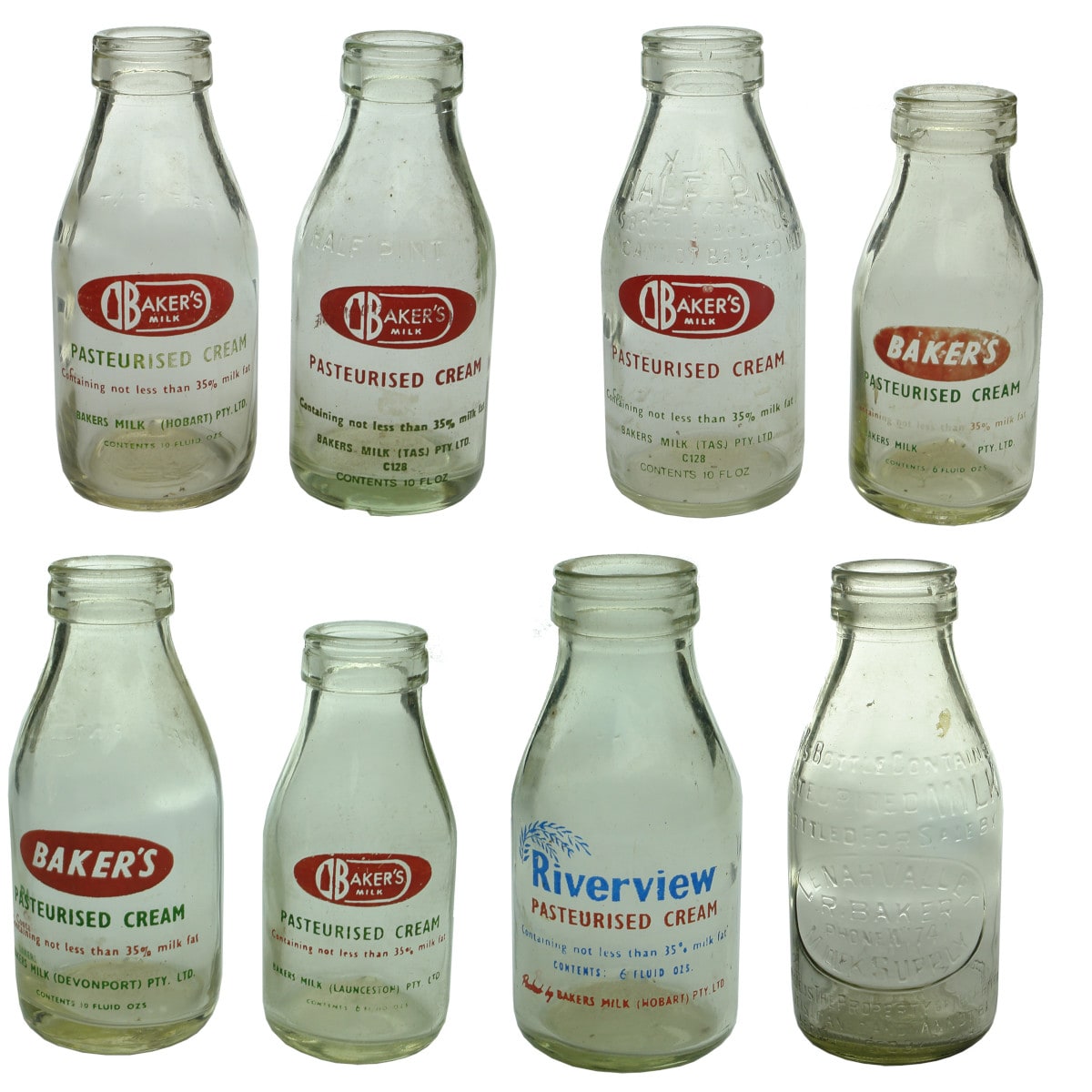 8 Cream & Milk bottles. All Baker's varieties. Hobart, Launceston, Devonport, Lenah Valley. (Tasmania)