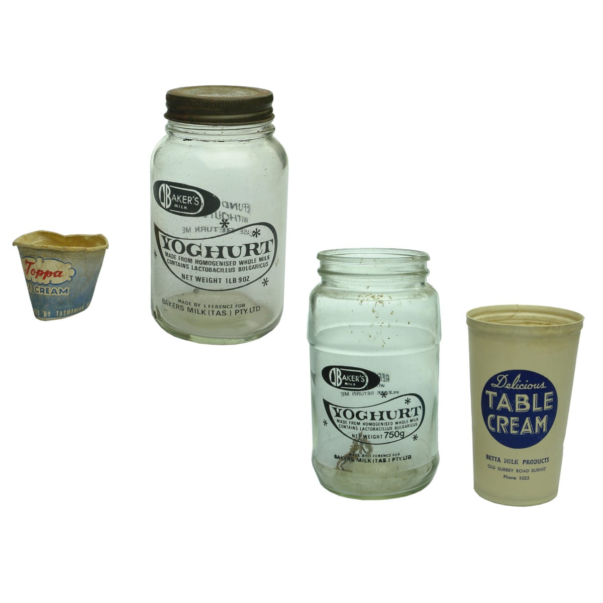 4 Items: 2 Yoghurt Jars: Baker's Milk Yoghurt. Made by I. Ferencz. 2 Wax Ice Cream Cups: Toppa and Betta. (Tasmania)