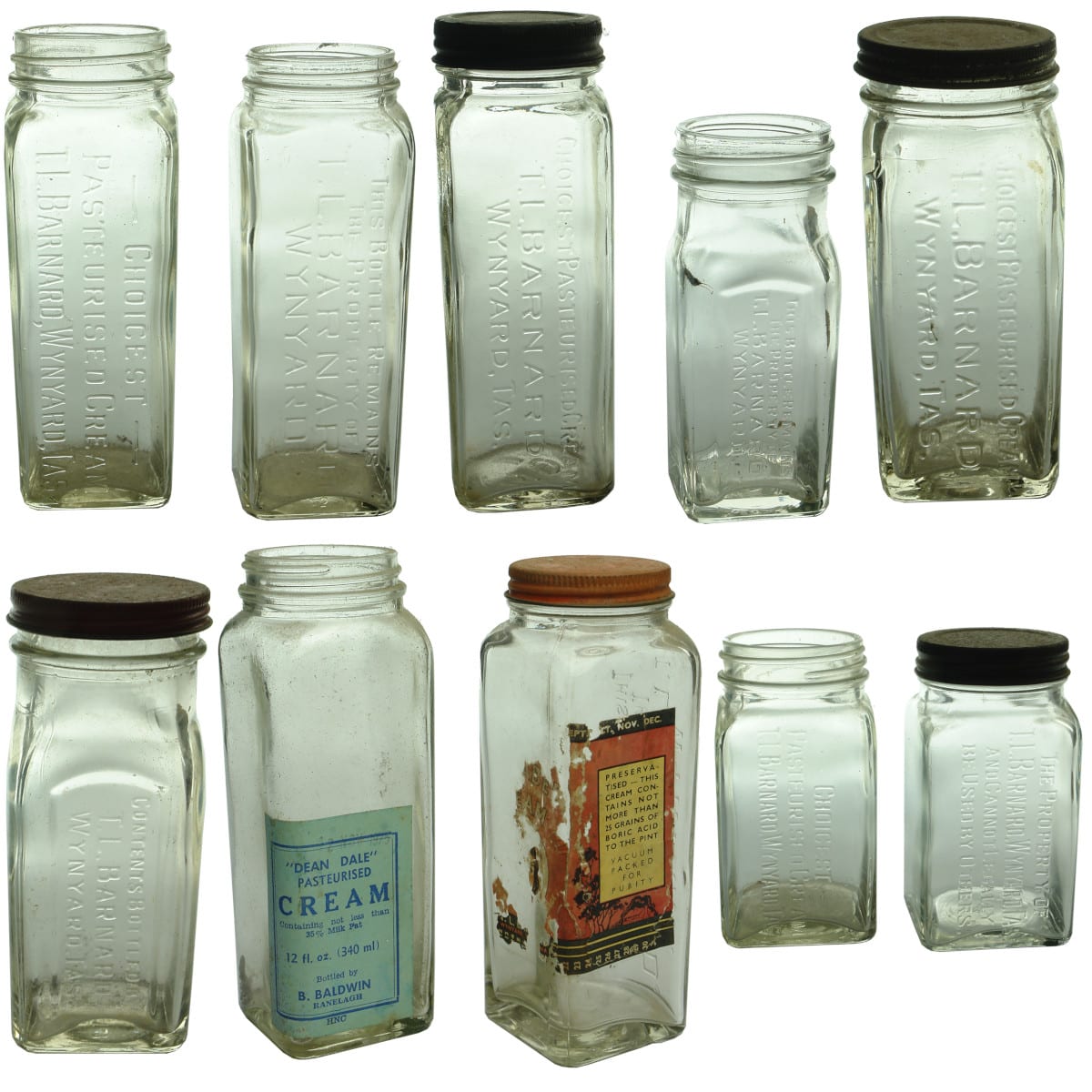 Collection of 10 Cream Jars: 9 x T. L. Barnard, Wynyard (lot of different sizes and variations); 1 x Dean Dale. (Tasmania)