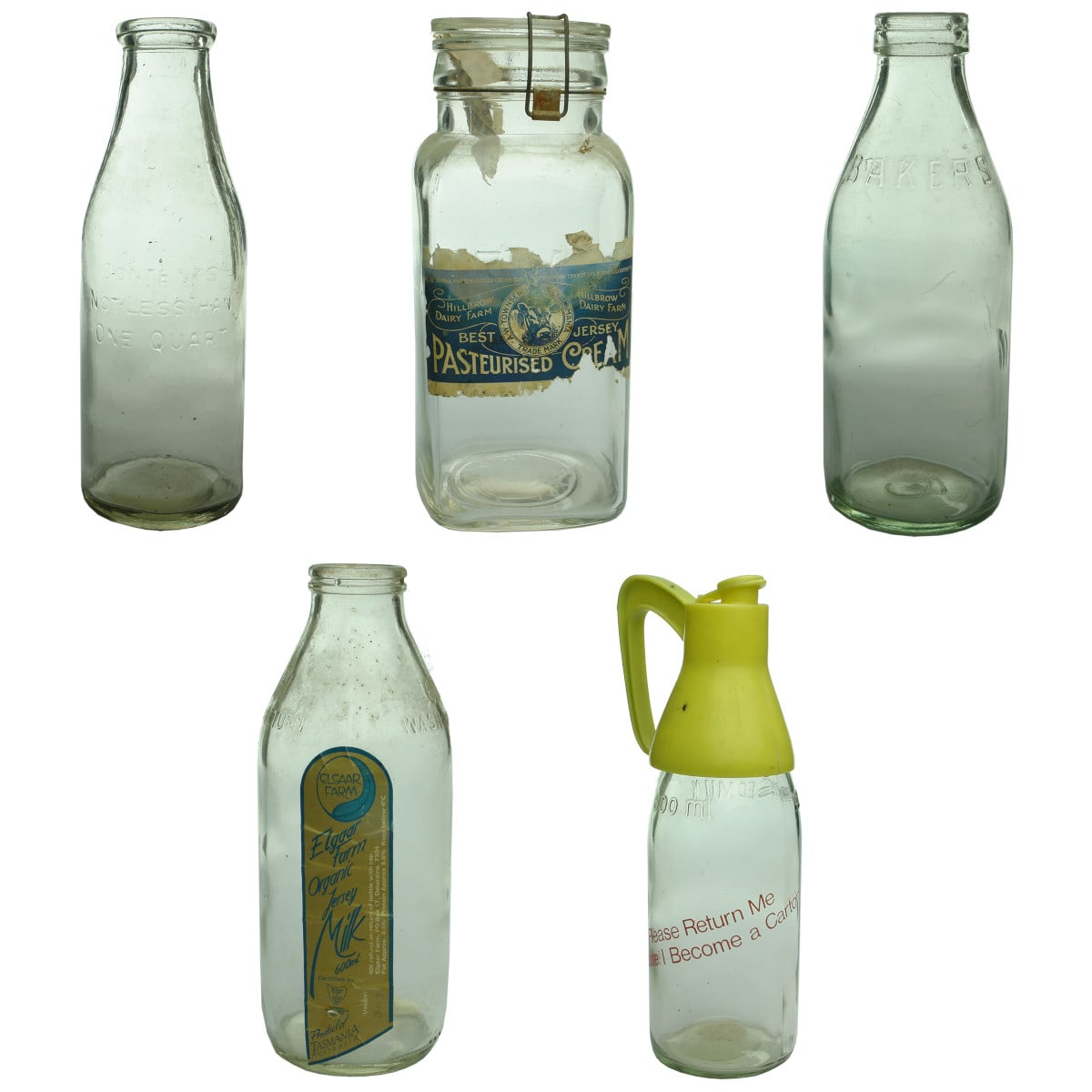 5 Milk & Cream Bottles: Generic Quart; Agee Queen Jar with Townsend label; Baker's Foil top; Elgaar Milk labelled 600 ml; Please return me ceramic label. (Tasmania)