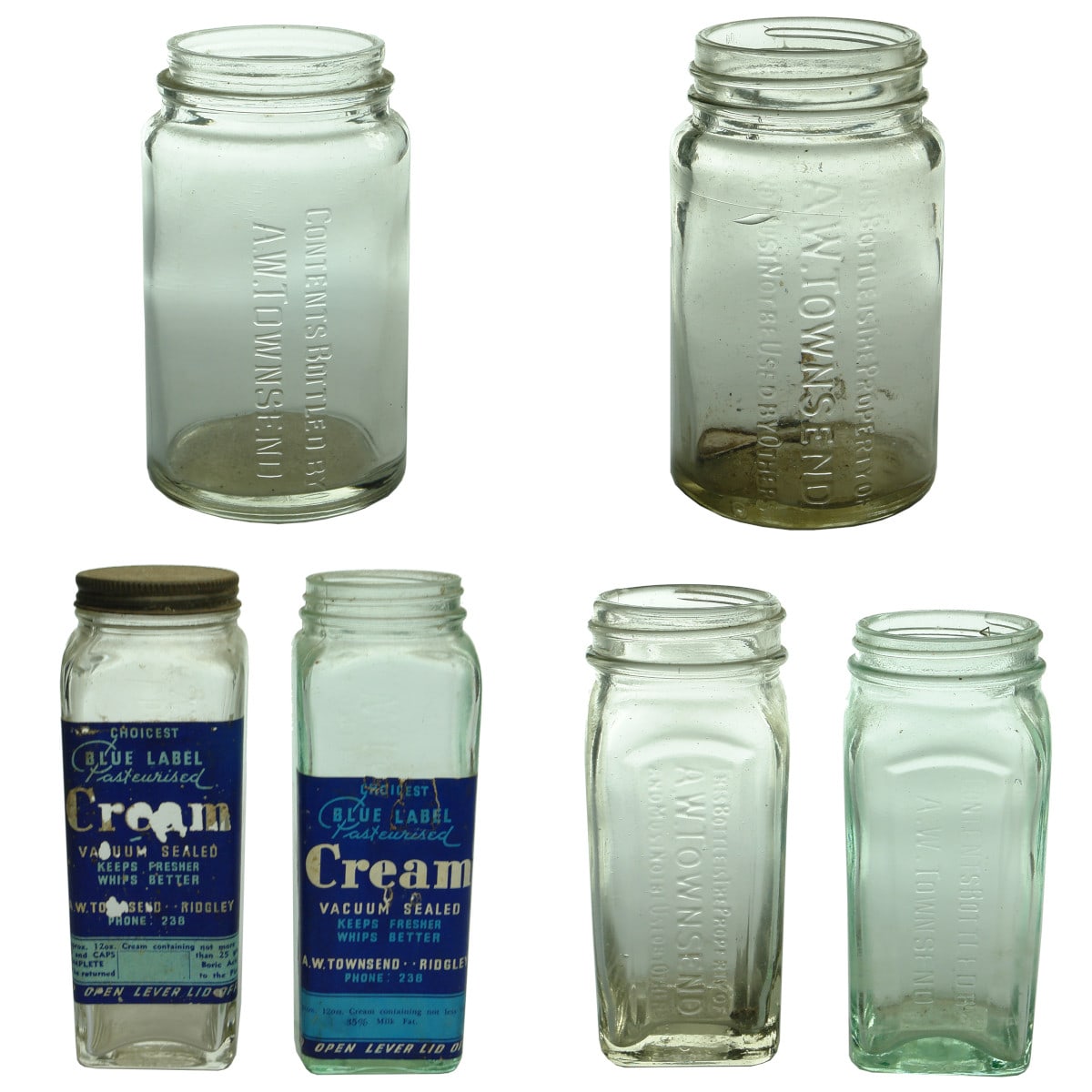 6 variations of A. W. Townsend cream jars. 16, 12 & 8 oz. 2 variations in each size. (Tasmania)